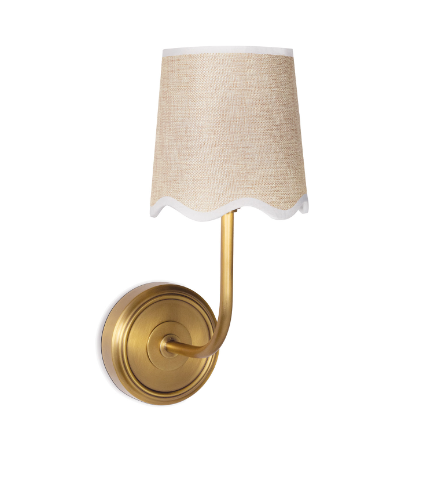 Gold wall sconce on white wall.