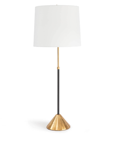 Gold and Black lamp with white background and white lamp shade.