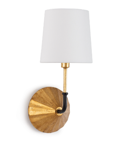 Gold and black sconce with white lamp shade and white background.