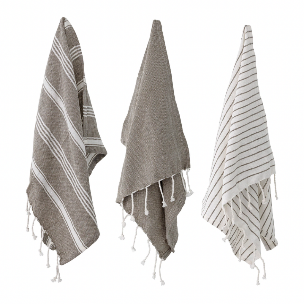 Linen and white stripe tea towel set of three on white background