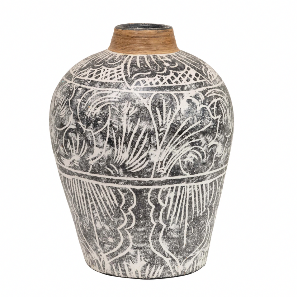 Black vintage Terracotta Hand Painted Vase with white glaze finish on white background. 