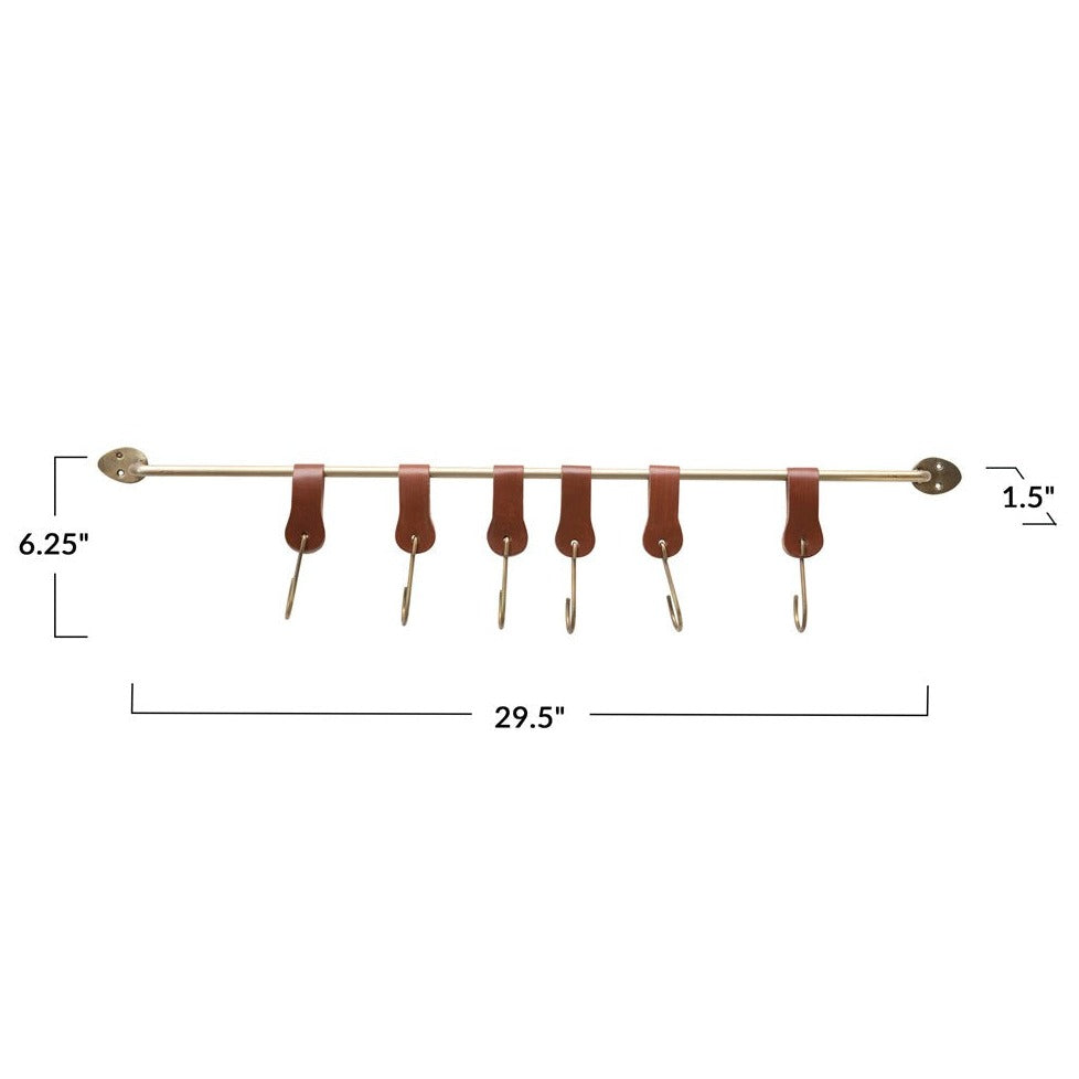 brass rod with leather hooks on white background with measurements. 29.5" long and 1.5" deep 