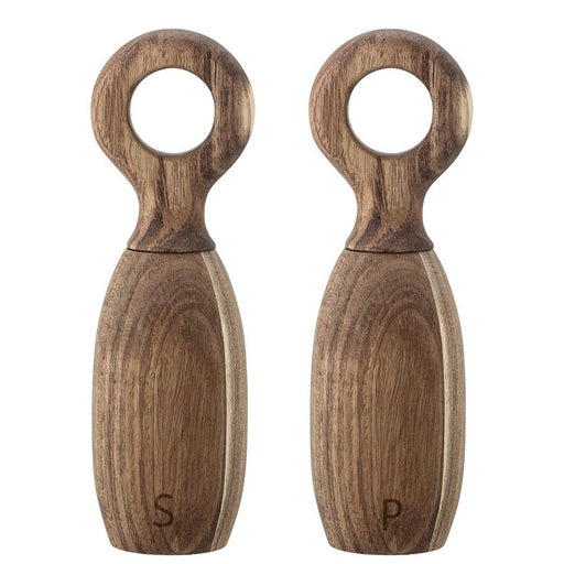 acacia wood salt and pepper grinder with white background