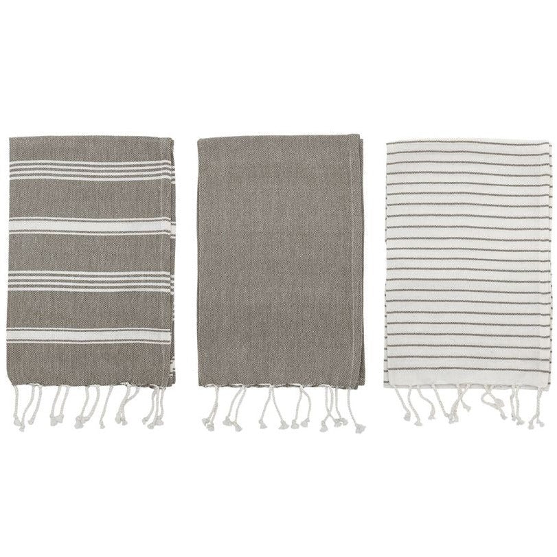 Linen and white stripe tea towel set of three on white background