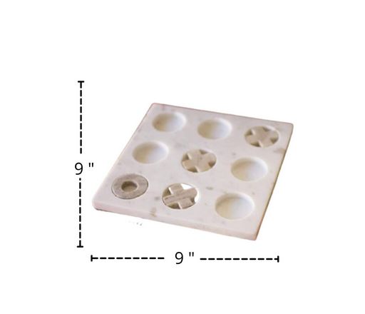 Marble tic tac toe with white background with measurements of 9" by 9"